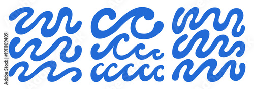 A set of abstract blue wave shapes with smooth, flowing curves. Simple graphic color illustration isolated on white background.