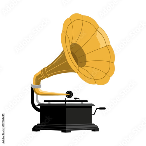 Detailed illustration of a vintage phonograph with a large golden horn and a black base, perfect for historical music media designs on transparent background