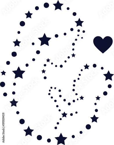 Abstract constellation outline of a loving mother holding her newborn baby made of stars dots and a heart shape for celebrating happy mother's day and maternity.