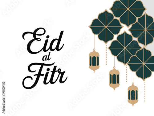 Eid al Fitr celebration with traditional lanterns and geometric patterns on a white background