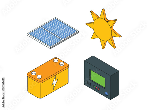 An illustration of solar energy components including a panel, battery, and inverter.