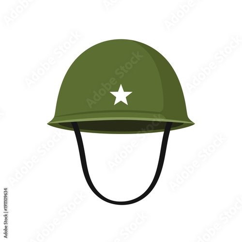 Classic olive drab army combat helmet featuring a single white star insignia and adjustable chin strap on transparent background