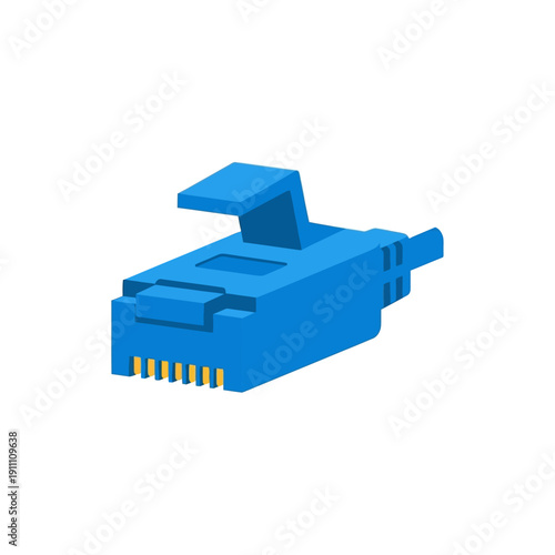 Detailed illustration of a vibrant blue ethernet rj45 connector plug end with gold contacts on transparent background