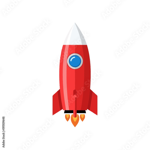Classic cartoon style bright red rocket ship blasting off with detailed orange fire thrust on transparent background