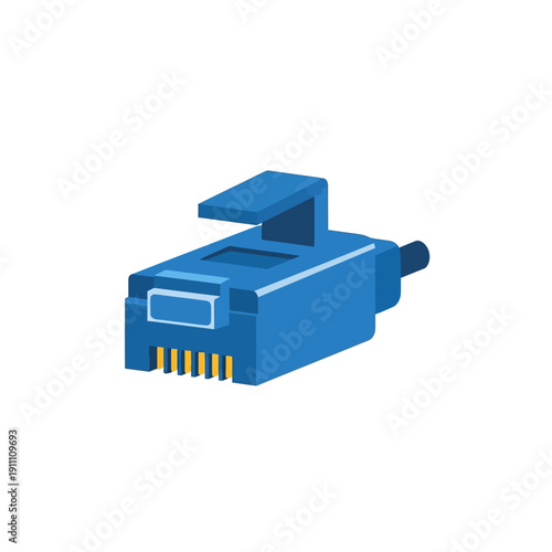 Detailed isometric illustration of a vibrant blue rj45 ethernet network plug connector showing metallic gold contacts on transparent background