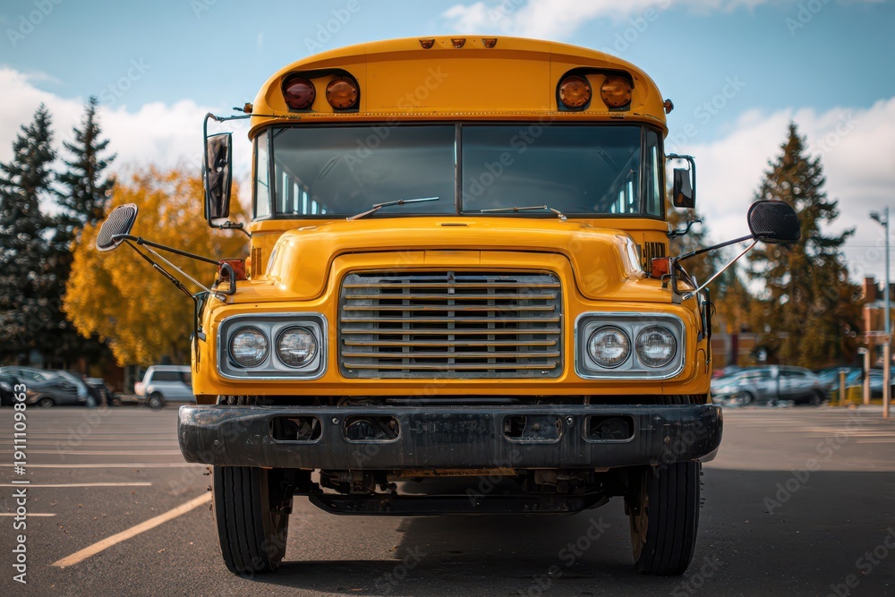 Obraz premium Low-angle photograph of a yellow school bus facing forward