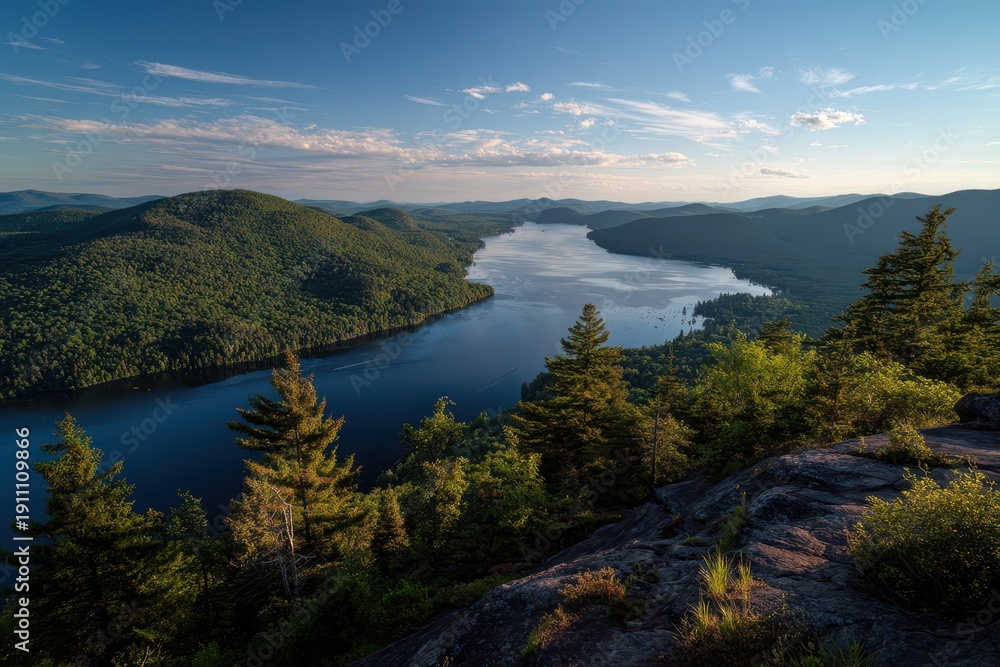 Naklejka premium Panoramic view of Lake George framed by rugged rocks and lush forest from a mountaintop overlook
