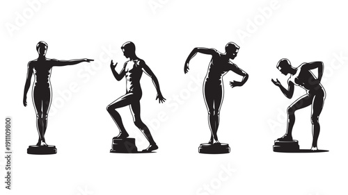 Vector Illustration Of Four Silhouette Statues In Different Dance Poses On Pedestals For Art And Sculpture Concept