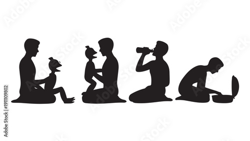 Vector Illustration Of Silhouette Of A Man Doing Various Activities For Lifestyle And Daily Routine Concept