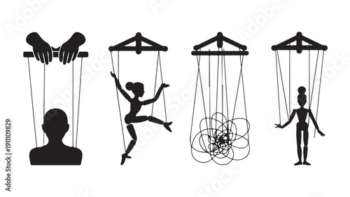 Vector Illustration Of Black Silhouette Puppets On Strings For Manipulation And Control Concept