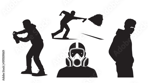 Vector Illustration Of Silhouette Protesters Demonstrating With Gas Mask For Social And Political Activism Concept