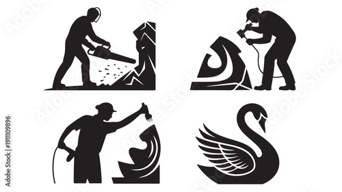 Vector Illustration Of Silhouette Workers Sculpting Stone And Swan For Art And Craft Concept