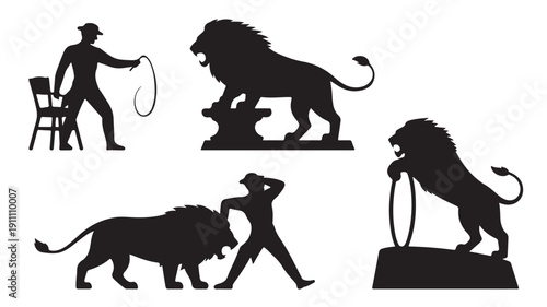 Vector Illustration Of Lion Trainer With Roaring Lion Silhouettes For Circus And Animal Performance Concept