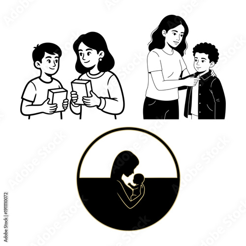 Dia de la Madre bundle with rooftop moon silhouette school morning goodbye and baby hug