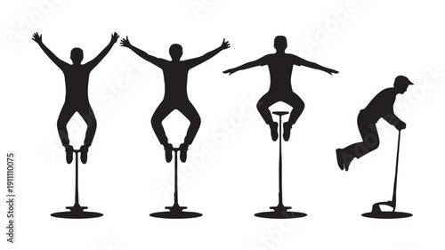 Vector Illustration Of Silhouetted Men Exercising On Rebounding Trampolines For Fitness And Health