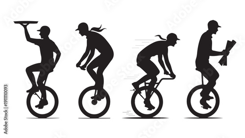 Vector Illustration Of People Riding Unicycles In Different Poses For Balance And Coordination Concept
