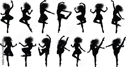 Dancing women silhouettes set, energetic female dance poses, motion movement illustration, modern choreography, black shadow figures isolated on white