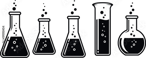Five laboratory beakers with liquids isolated on transparent background