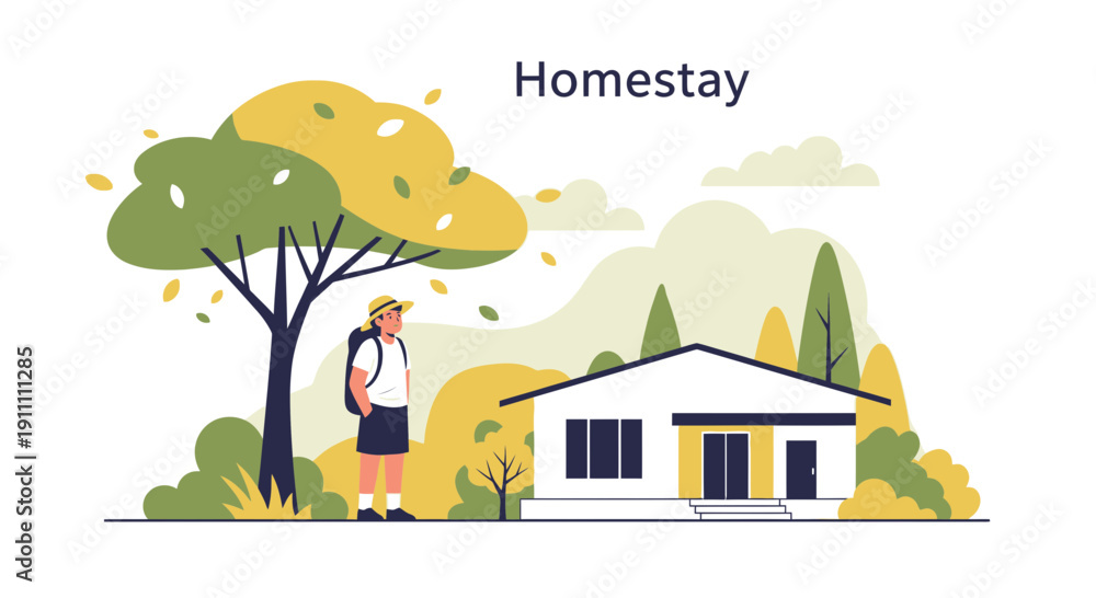 Fototapeta premium Homestay Experience Rural Getaway Traveler Arrival At Quaint Residence
