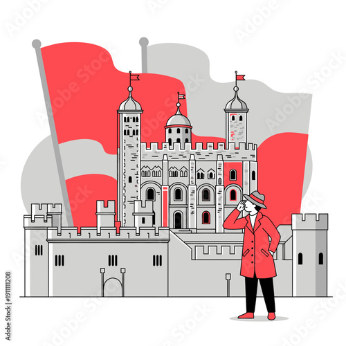 Historic London Tower Fortress And Detective Character Illustration