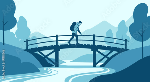 Journeying Across Scenic Bridge Towards Serene Mountain Landscape Illustration