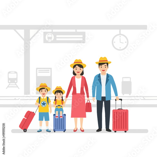 Joyful Family Holiday Travel Adventure At The Train Station With Luggage
