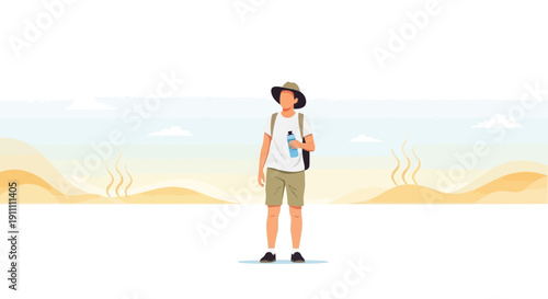 Lone Explorer In Desert Landscape Holding Water Bottle With Backpack