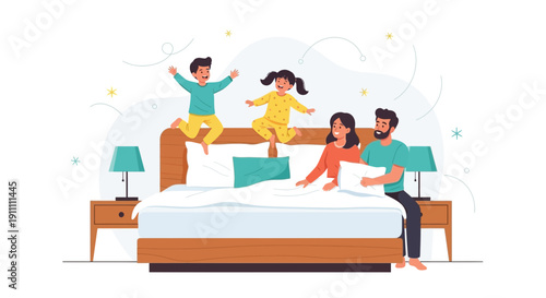 Joyful Family Playtime on a Bed Jumping and Pillow Fighting with Enthusiasm