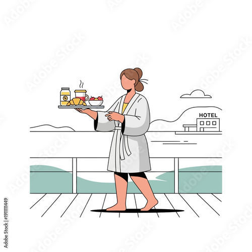 Hotel Room Service Attendant Delivering Breakfast Tray Outdoors Enjoying Scenic Views