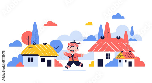 Joyful Child Dancing Amongst Colorful Village Houses