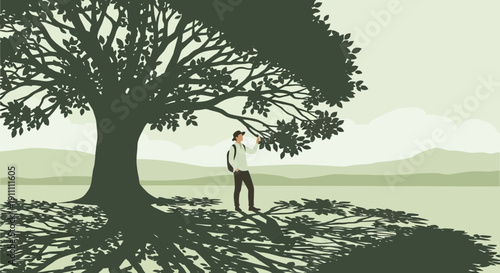 Lone Hiker Contemplates Nature Under Ancient Tree Branches