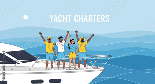Joyful Friends Enjoying Yacht Charter Adventure On Blue Waters