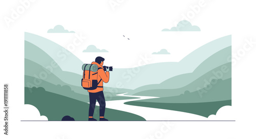 Illustrative Hiker Captures Majestic Mountain Scenery With Camera