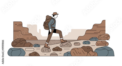Illustrative Hiker Navigates Rocky Terrain In A Stylized Desert Landscape