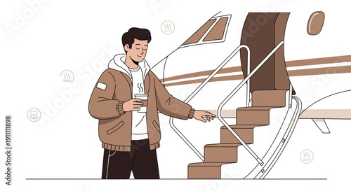 Luxury Travel Awaits Young Man Enters Private Jet With Coffee