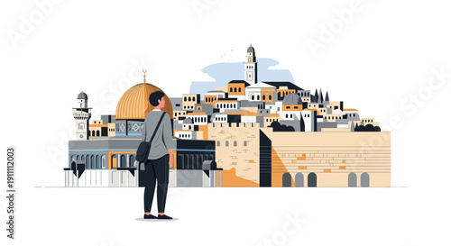 Illustrative Traveler Gazes Upon Historic Dome Of The Rock Cityscape