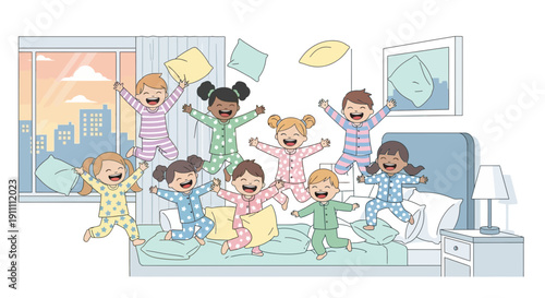 Joyful Children Engaging In A Lively Pillow Fight At A Pajama Party
