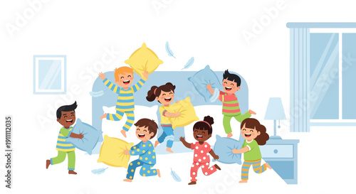 Joyful Children Engage In Energetic Pillow Fight During Pajama Party Adventure