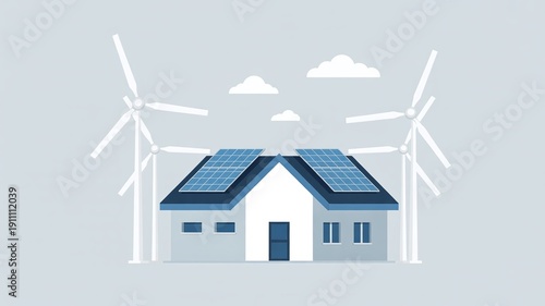 Minimalist Illustration of an Eco Friendly House with Solar Panels and Wind Turbines Representing Renewable Energy and Sustainable Green Living