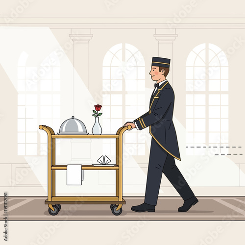 Impeccable Hotel Service Delivery With A Dedicated Bellhop Rolling A Service Cart
