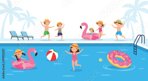 Joyful Children Splashing and Playing in a Sunny Outdoor Swimming Pool