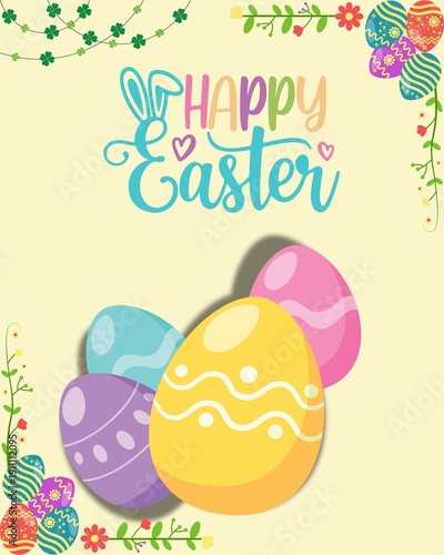 Vibrant Easter eggs with Happy Easter text in colorful playful design