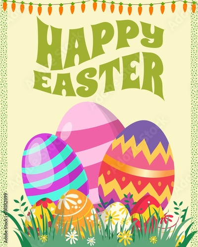 Vibrant Easter eggs in grass with flowers and Happy Easter text