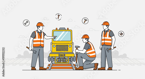 Industrial Workers Repairing Train On Railroad Tracks With Tools