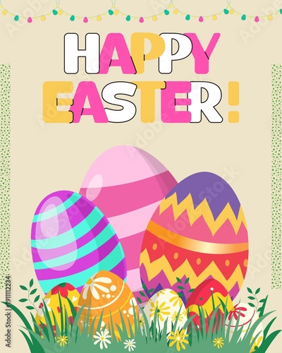Vibrant Easter eggs in colorful grass with Happy Easter text