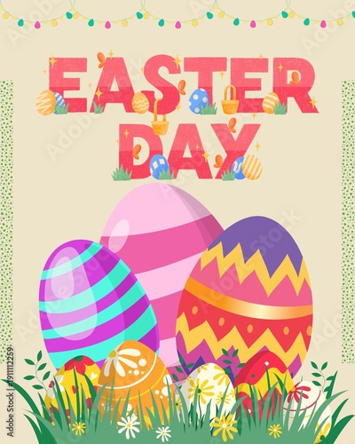 Vibrant Easter eggs in colorful grass with flowers and lights