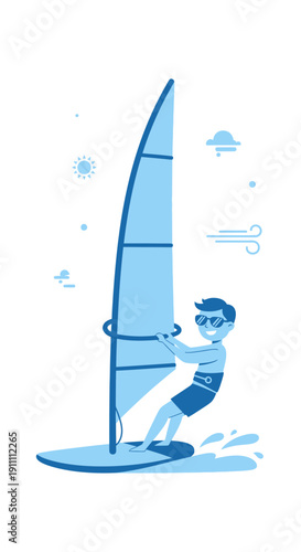Joyful Windsurfer Riding Waves Under Sunny Skies Minimalist Design