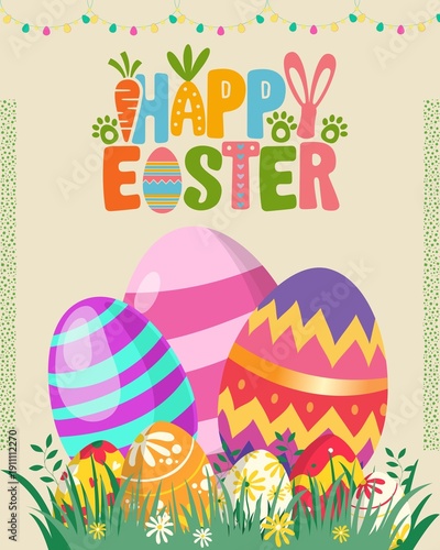 Vibrant Easter eggs in grass with Happy Easter text