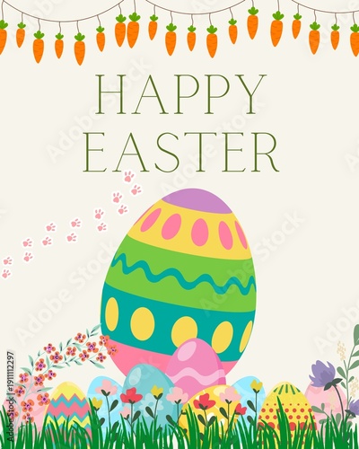 Vibrant Easter eggs in colorful garden with flowers and carrots