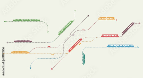 Interconnected Train Network Routes With Color Coded Vehicles And Directional Arrows